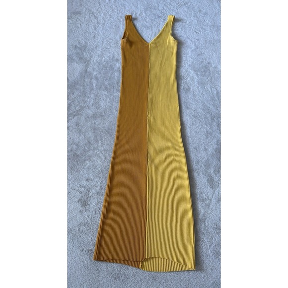 Staud Women's Small Colorblock Knit Ribbed V Neck Mustard Yellow Maxi Dress